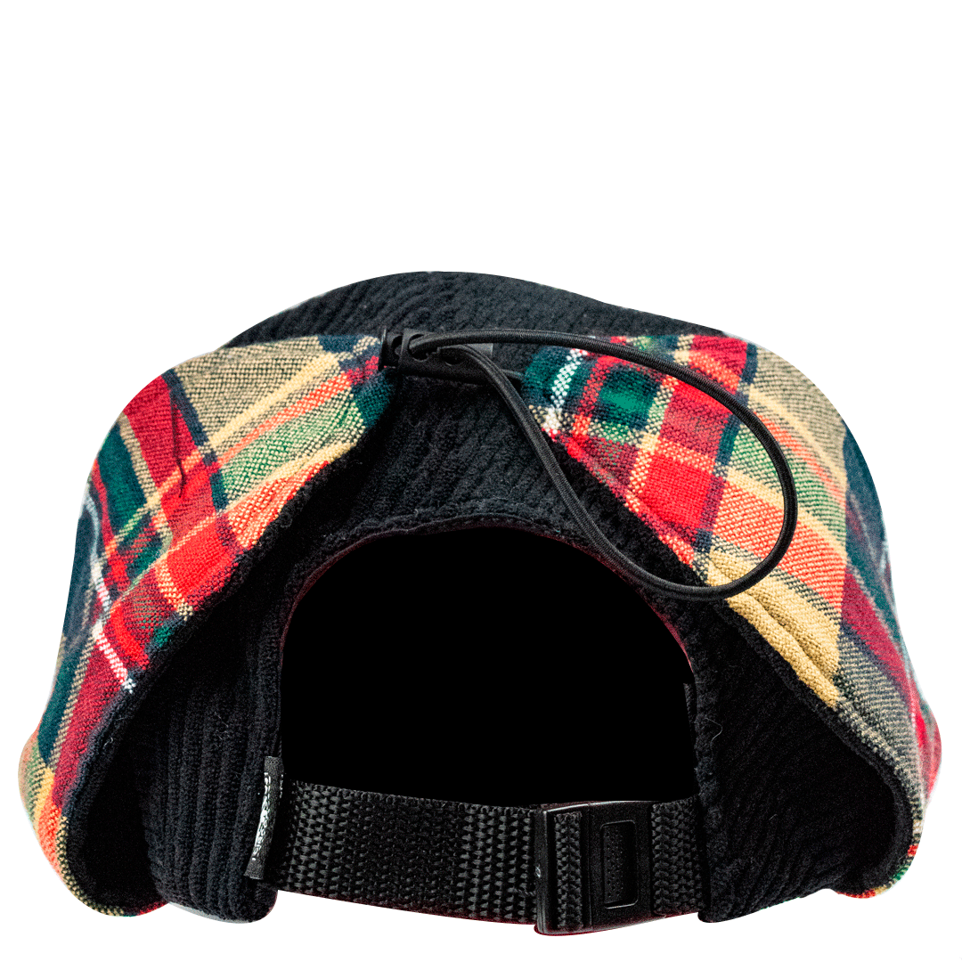 Gorra Woofy tricolor cinco paneles en pana negra y paño fino.